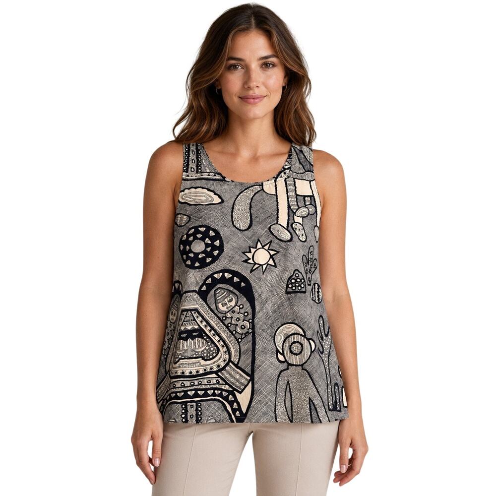 Vintage 60s 70s Folk Art Tunic Top Mod Boho Navy White M/L 40 Bust -